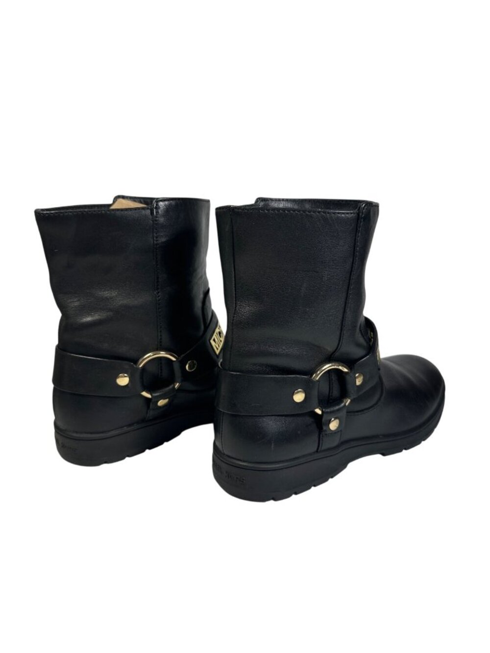 MICHAEL KORS ESSEX ICONIC BLACK GOLD LOGO MOTO BIKER BOOTS Size 7M - Picture 6 of 13